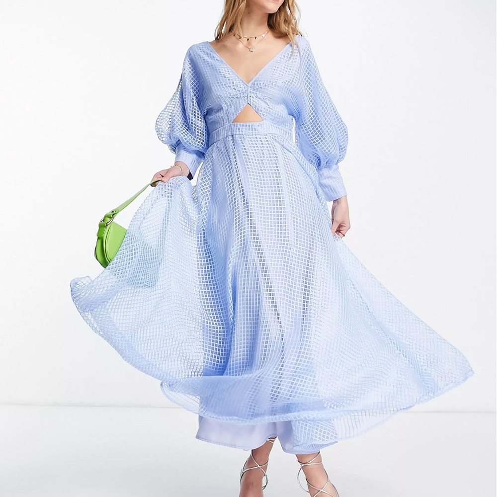 ASOS EDITION blouson sleeve midi dress in organza check in pale blue